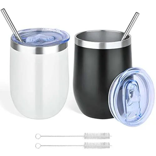Produktbild: NUZEKY Weinbecher Edelstahl mit Deckel und Strohhalmpinsel: 2 Stück 12OZ Doppelwandige Vakuumisolierte Weingläser, Hält 5h Heiß/ 10h Kalt Trinkbecher, Kaffeebecher Travel Mug 12OZ U-Cup Double-Layer