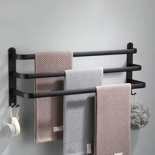 Produktbild: nvdsivee Handtuchhalter Ohne Bohren Schwarz Handtuchstange Wand zum Kleben für Bad Küche Badetuchhalter Aluminium mit 2 Haken Handtuchablage Schwarz 3 Schichten 60cm