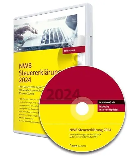 Produktbild: NWB Steuererklärung 2024 – 2-Platz-Lizenz: Profi-Steuererklärungssoftware. Für den VZ 2024. Mit Buchführung 2025 für EÜR. 7 Jahre Elster-Schnittstellen-Support. CD-Version.