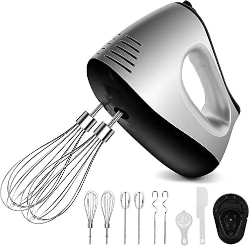 Produktbild: NWOUIIAY Handmixer Elektrisch 500W Handrührer 5 Drehzahl Turbinenfunktion Handrührgerät mit 2 Mixer,2 Haken 2 Schneebesen Eiertrenner Backspatel und Ständer für einfaches Schlagen von Teig