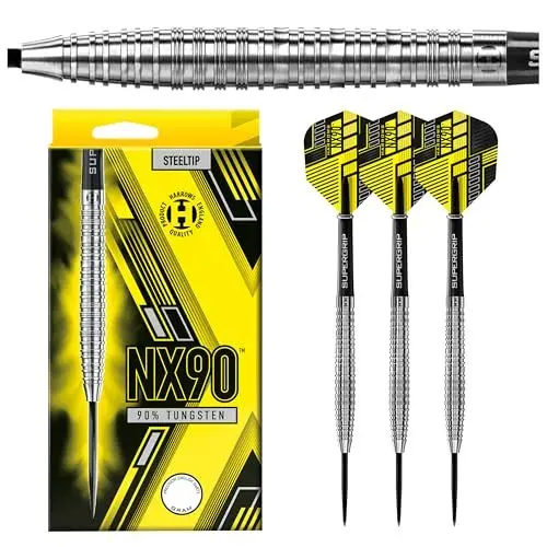 Produktbild: Harrows NX90 90% Tungsten Darts | Darts-Set mit Stahlspitze| 21g, 22g, 23g, 24g, 25g & 26g | Enthält Supergrip-Schäfte und 100-Mikron-NX90-Flüge (Tapered 23g)