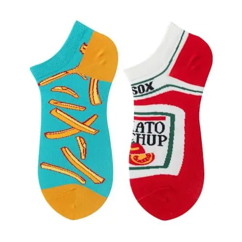 Produktbild: NxnChc Lustige Kurz Socken Für Damen Und Herren Unisex Viele Pommes mit Ketchup Motive Tier Essen Obst Sport Kunst Aus Baumwolle Geschenk Asymmetrische Muster Links Und Rechts