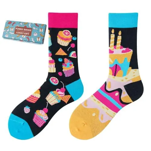 Produktbild: NxnChc Lustige Socken Für Damen Und Herren Unisex Viele Cupcake Motive Tier Essen Obst Sport Kunst Aus Baumwolle Geschenk Asymmetrische Muster Links Und Rechts