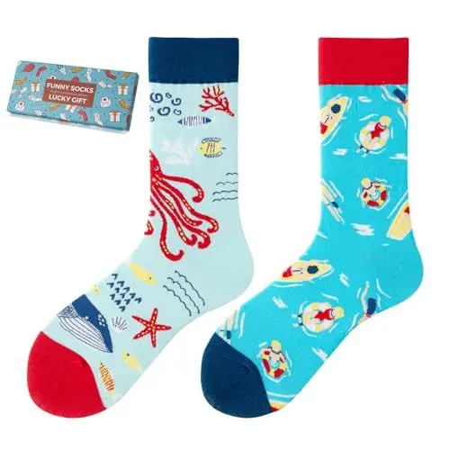 Produktbild: NxnChc Lustige Socken Für Damen Und Herren Unisex Viele Meer​und Schwimmer​ Motive Tier Essen Obst Sport Kunst Aus Baumwolle Geschenk Asymmetrische Muster Links Und Rechts