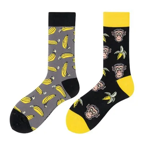 Produktbild: NxnChc Lustige Socken Für Damen Und Herren Unisex Viele Orang-Utans Bananen Motive Tier Essen Obst Sport Kunst Aus Baumwolle Geschenk Asymmetrische Muster Links Und Rechts