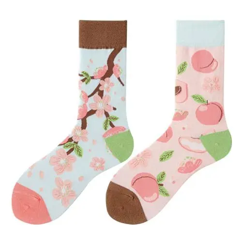 Produktbild: NxnChc Lustige Socken Für Damen Und Herren Unisex Viele Pfirsich Motive Tier Essen Obst Sport Kunst Aus Baumwolle Geschenk Asymmetrische Muster Links Und Rechts