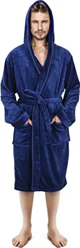 Produktbild: NY Threads Luxus-Herren-Morgenmantel | Superweicher Fleece-Herren-Bademantel | Kuscheliger Kapuzenplüsch | Loungewear und Nachtwäsche (Marine, Medium)