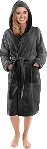 Produktbild: NY Threads Morgenmantel Damen mit Kapuze Fleece Plüsch Weich Bademantel Nachtwäsche Hausmantel (Mittel,Dunkelgrau)