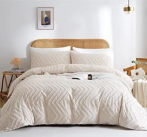Produktbild: Nyescasa Boho Bettwäsche 135x200 Beige Getuftet Chevron Gestreift Geometrisch Wendebettwäsche Set Renforce Mikrofaser Kinder Mädchen Bettbezug mit Reißverschluss und Kissenbezug 80x80 cm