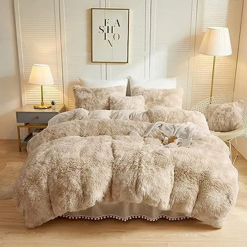 Produktbild: Nyescasa Plüsch Bettwäsche 135x200 Winter Warme Flauschig Langhaar Biber Wendebettwäsche Set Beige Khaki Cashmere Touch Coral Fleece Bettbezug mit Reißverschluss und Kissenbezug 80x80cm