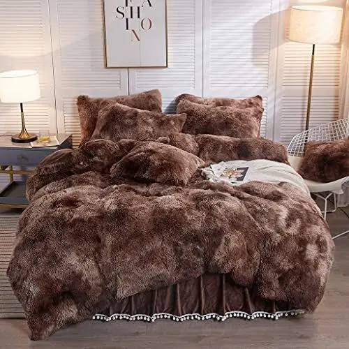 Produktbild: Nyescasa Winter Plüsch Bettwäsche 200x200 cm Braun Beige Warme Flauschig Langhaar Flausch Biber Wendebettwäsche Doppelbett Deckenbezug Microfaser Bettbezug mit Reißverschluss und 2 Kissenbezug 80x80cm