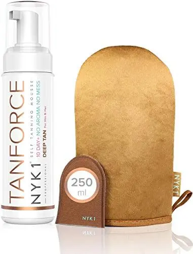 Produktbild: NYK1 TanForce mit NYK1 MegaMitt - Unsichtbar, Selbstbräuner DEEP TAN FORCE Bräunungsmousse. Goldene Hautbräunung für einen australischen Look. Die Bräunung entwickelt sich in nur wenigen Stunden