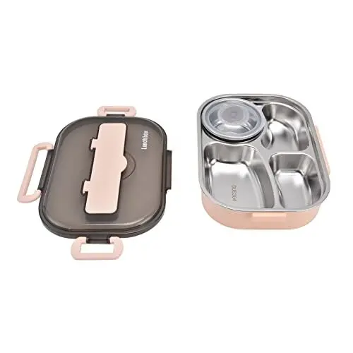 Produktbild: NYSUZHOUJI Tragbare Lunchbox aus Edelstahl 304 von Some People mit vier Fächern und Suppenschüssel, Essstäbchen, Löffel für Schule, Picknick, Reisen (Rosa<strong>Gratis Essstäbchen und Löffel:</strong> )