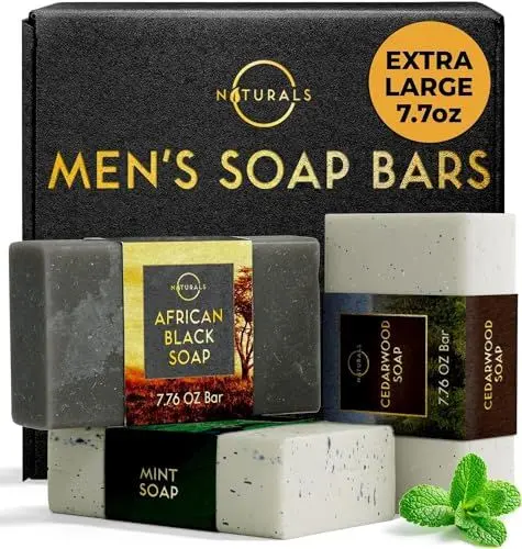 Produktbild: O Naturals Seife für Männer - 3 Stück - Natürliche Seife - Herrenseife - Körperseife für Männer - Natürliche Männerseife - Bio-Herrenseife - Peeling-Seife - Afrikanische Schwarze, Zedernholz, Minze