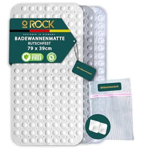Produktbild: o ROCK Badewannenmatte Weiß, 79 x 39cm - Badematte rutschfest mit 2 Selbstklebende Haken zum Aufhängen – Duschmatte mit Abflusslöchern – BPA-, & Latexfrei Antirutschmatte für Badewanne & Dusche