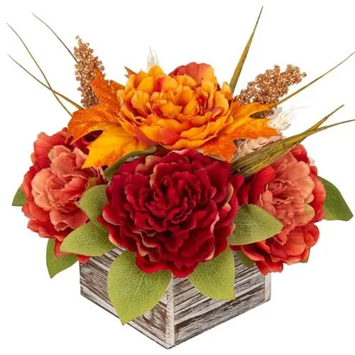 Produktbild: Oairse Herbstdeko Kunstblumen in Holzvase mit Pfingstrosen, Hortensien, Herbstblätter, Herbst-Beeren, Herzstück für Herbsthochzeit, Herbst-Wohnkultur, Thanksgiving-Dekoration, Halloween Deko
