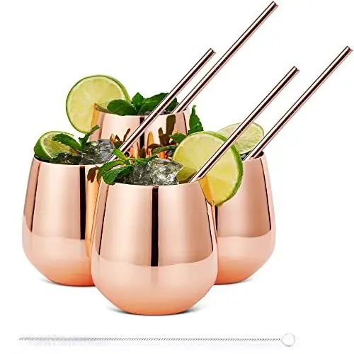 Produktbild: Oak & Steel - 4 Edelstahl Roségold Weingläser ohne Stiel, 4 Metallstrohhalme & Reinigungsbürste, 350 ml - Doppelwandig, Robust & Unzerbrechlich - Geschenkset für Weihnachten