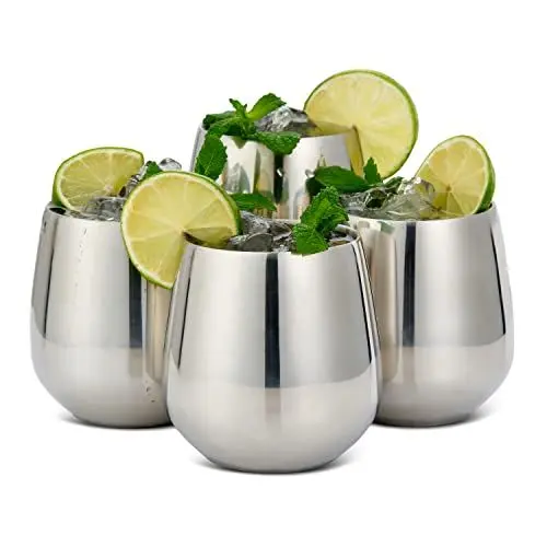 Produktbild: Oak & Steel - 4 Edelstahl Rotweingläser Weingläser Ohne Stiel, 4 Metallstrohhalmen & 2 Reinigungsbürsten, 350ml - Robust & Unzerbrechlich - Weihnachten Geschenkset