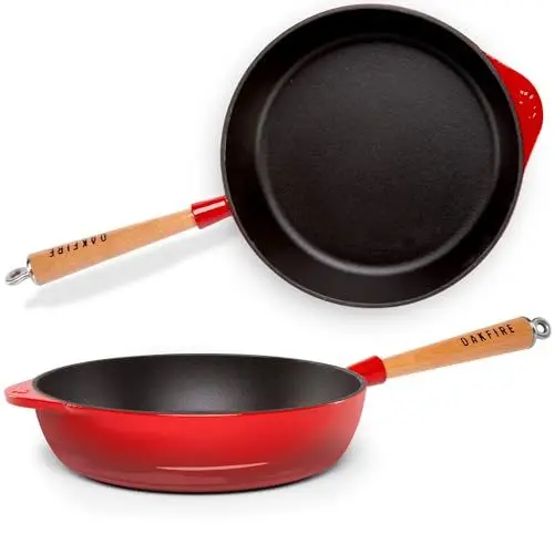 Produktbild: Oakfire Gusseisen Pfanne Schmorpfanne Bratpfanne emailliert 28cm Induktion Gusseisern mit Non-Stick Patina, Emaille… (Rot, Bratpfanne)