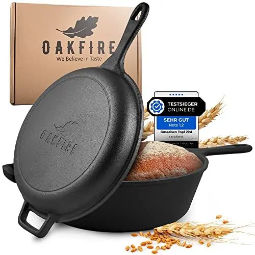 Produktbild: Oakfire Gusseisen Topf 2in1 mit Pfanne, Ø26cm 3.0L, Casserole, mit Anti-Haft Patina, 4Elements, SpreadHeat zum Kochen, Braten, Schmoren, Brot backen, Garen - Tolle Aromaentfaltung