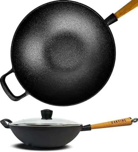 Produktbild: Oakfire Wokpfanne Emailliert Gusseisen Induktion 31cm Groß Grill Wok Pfanne Holzgriff Cast Iron mit Non-Stick Patina, Emaille