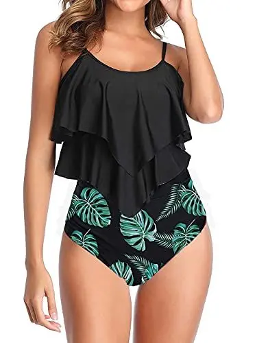 Produktbild: OAMENXI Damen Bikini Set Falbala Rüschen High Waist Bauchweg Bademode Zweiteiliger Badeanzug (TopblackLeaf, L)