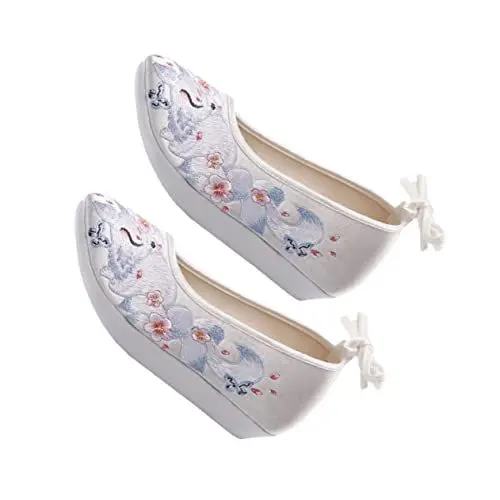 Produktbild: OATIPHO 1 Paar Hanfu bestickte Schuhe geschlossene Sandalen Hanfu-Schuhe bestickte Schuhe für Damen ethnische Seidenstoffschuhe Seidenschuhe mit dicken Sohlen Kostümschuhe Baumwolle Weiß