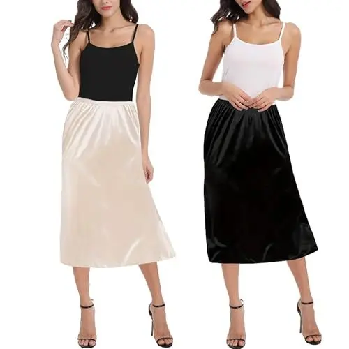 Produktbild: OBBUE 2pc Damen Petticoat Unterrock Lange Antistatisch Rock Satin für Unterkleider 27