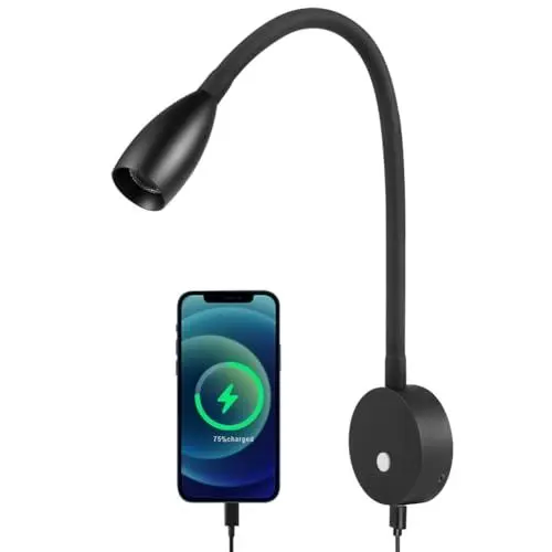Produktbild: Obeaming 12V Leselampe Wohnmobil Dimmbar LED Spot Eingebautes USB Schnellladegerät, Aluminium Flexible Schwanenhals Bett Wandlampe für Boot Wohnwagen Yacht Innenbeleuchtung, 24VDC (Mattschwarz)