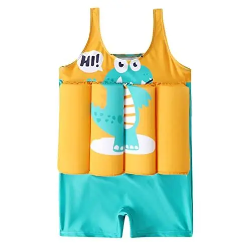 Produktbild: IBTOM CASTLE Einteiliger Float-Badeanzug für Jungen Mädchen Kinder Bademode mit 8 verstellbarem Auftrieb Säuglingsschwimmkostüm Kleinkind Float Suit Schwimmweste Badeanzug Gelb-Dinosaurier 3-4 Jahre