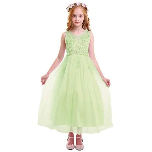 Produktbild: OBEEII Blumenmädchen Kleid Kinder Festlich Hochzeits Kleid Prinzessin Brautjungfern Partykleider Festzug Mädchen Spitzenkleid Tüllkleid Tütü Maxikleid Kommunionskleid Elegante Lange Kleider 7-8 Jahre