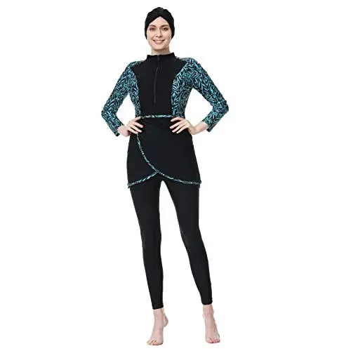 Produktbild: OBEEII Conservative Damen-Bademode, Muslimische Bademode, bescheidener islamischer Bikini, Badeanzug, Strandmode Einfarbiges Langarm-Oberteil + Hose + Hijab AZ04 XL