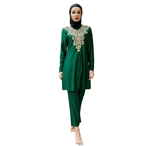 Produktbild: Conservative Damen-Bademode, Muslimische Bademode, bescheidener islamischer Bikini, Badeanzug, Strandmode Einfarbiges Langarm-Oberteil + Hose + Hijab Grün XL