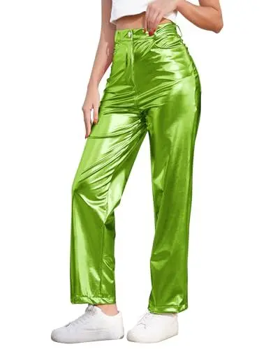 Produktbild: OBEEII Damen Glänzende Metallic Hosen Holographische Hohem Bund PU-Leder Streetwear Hip Hop Party Disco Clubwear Freizeit Casual Sweathose Jogginghose Hosen Grün S