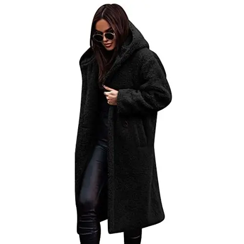 Produktbild: OBEEII Damen Mantel Kapuzenjacke Winterjacke Lang Warm Hoodie Pullover Jacken Pl�schjacke Fleecejacke Oberteile mit Taschen Schwarz XL