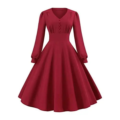 Produktbild: OBEEII Damen Rockabilly Kleider Langarm Knielang 50er Jahre Swing Festlich Cocktailkleid Rot02 L