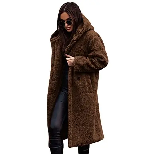 Produktbild: OBEEII Damen Teddy Mantel Winterjacke Lang Warm Hoodie Cardigan Fleecejacke Kapuzenjacke mit Taschen Dunkelbraun L