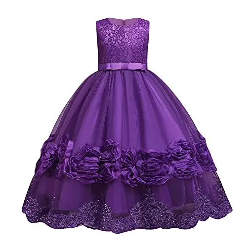 Produktbild: OBEEII Elegant Brautjungfer Kleider für Mädchen Blumenmädchen Hochzeitskleid 3/4 Arm Spitzenkleid Tüllkleid Prinzessin Festzug Erste Kommunionskleider Abendkleid Partykleid Violett C 5-6 Jahre