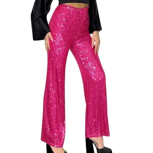Produktbild: OBEEII Glitzer Hose Damen Pailettenhose Weites Bein Hose Elastische Taille Lose Fit Glitzerhosen Elegant Frauen Freizeithose Party Festival Club Mode Hosen Hot Pink S
