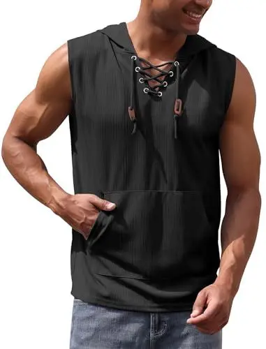 Produktbild: OBEEII Herren Tank Top Sommer �rmelloses Sweatshirt Zipped Hoodie Fitness Muskelshirt Athletisch Laufend Urlaub Strand L�ssig Leichtes Top Schwarz XL