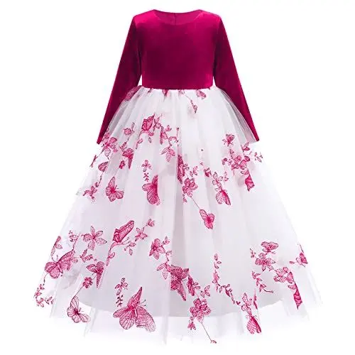 Produktbild: OBEEII Mädchen Blumenmädchen Hochzeitskleid Langarm Spitzenkleid Samt Tüllkleid Prinzessin Erste Kommunionskleider Weihnachten Karneval Festzug Abendkleid Partykleid Rote Rose 13-14 Jahre