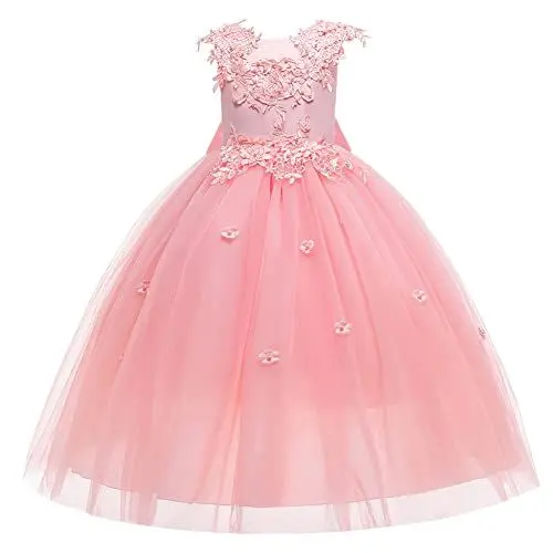 Produktbild: OBEEII Mädchen Blumenmädchenkleid ärmelloses Prinzessinnenkleid, und offenem Rücken besticktesKleid mit Schleife für HostKleid, Spitzenkleid Tüllkleid Abschlussballkleid Rosa G 9-10 Jahre