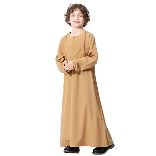 Produktbild: OBEEII Muslim Kaftan für Jungen Islamische Arabische Roben-Lange Hülsen Lose Ethnische Kleidung Dubais Mittlerer Osten Jubba Thobe Langarm Rundhalskleid Arabisch Islamisch Kostüme Kamel 7-8 Jahre