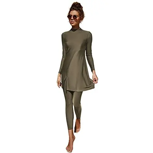 Produktbild: OBEEII Muslimische Bademode Badeanzug Full Cover Bescheidene Badebekleidung Modest Muslim Swimwear Beachwear Burkini Langarm Tops und Hose 2-Teilige Modest Bademode Sets Braun Grün02 M