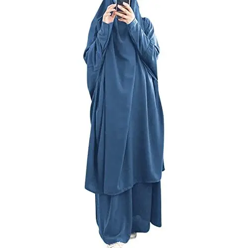Produktbild: OBEEII Muslimisches Einteiliges Gebetskleid für Damen Islamischer Naher Osten Dubai Türkei Maxi Abaya Kaftan mit Hijab Kleid in voller Länge Muslimische Kleidung Frauen Blau Einheitsgröße