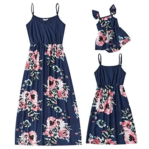 Produktbild: OBEEII Mutter Tochter Kleidung Sommer Ärmellos Floral Gedruckt Familie Passenden Kleid Mama und Mich Lässiges Strandkleid Partykleid Navy M