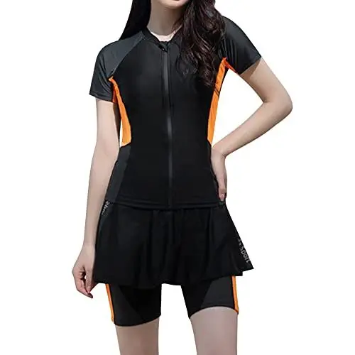 Produktbild: OBEEII Neoprenanzug Damen Badeanzug Rash Guard Badeanzug Kurzarm Surfanzug Zip Up Burkini Beachwear UV-Schutz UPF 50+ Schwarz L