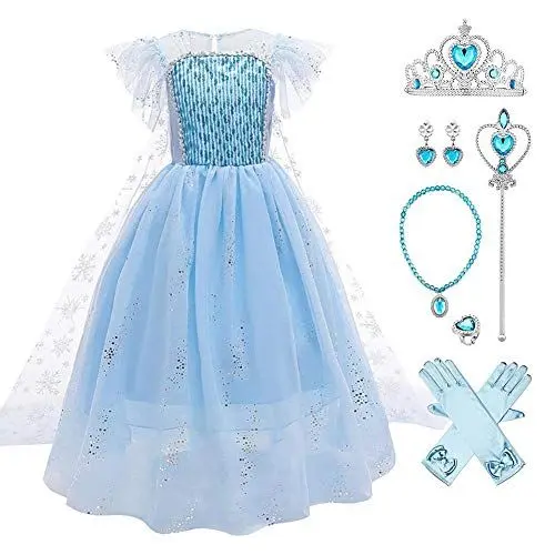 Produktbild: OBEEII Prinzessin ELSA Kleid Mädchen Lange Ärmel Festliches Karneval Kinder Partykleid Weihnachten Verkleidung Karneval Partei Halloween Fest Kostüm Blau03+Accessoires 5-6 Jahre