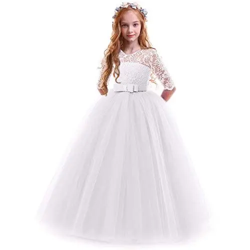 Produktbild: FYMNSI Blumenmädchen Kleider Mädchen Kinder Festlich Hochzeits Kleid Prinzessin Brautjungfern Anlässe Partykleider Festzug 3/4 Arm Spitzenkleid Tüllkleid Erstkommunion Abendkleid Weiß 11-12 Jahre