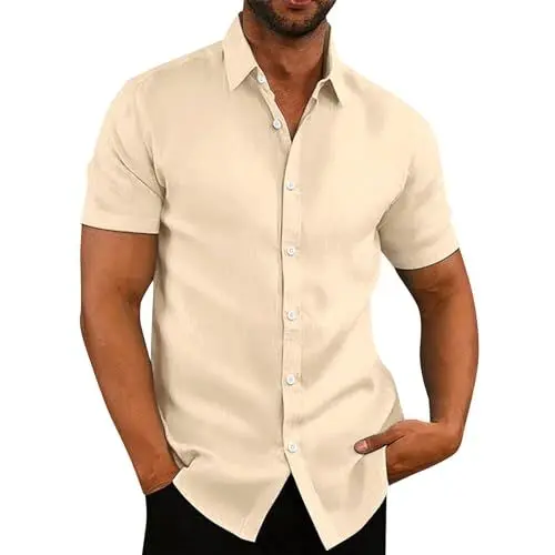 Produktbild: Oberhemd Und Poloshirt Hemd Trachtenhemden Für Herren Leinen Kurzärmliges Hemd Herren Business Hemd Herren Ohne Kragen Viskose Hemd Herren Herren Freizeithemd Old Money Style Herren Retro